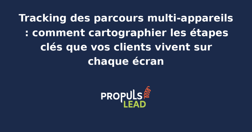 Cartographie d'un parcours utilisateur multi-appareils traversant smartphone, tablette et ordinateur, avec les étapes clés de découverte, considération et conversion clairement situées