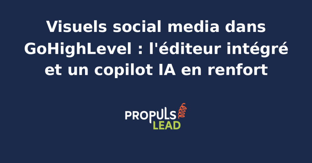 Interface de l'éditeur visuel GoHighLevel avec une bibliothèque de gabarits social media et un copilot IA qui génère des visuels adaptés à chaque format de réseau.