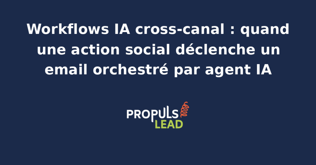 Schéma d'un workflow IA cross-canal qui relie un clic LinkedIn à un email personnalisé envoyé quelques minutes plus tard par un agent IA marketing pour une PME.