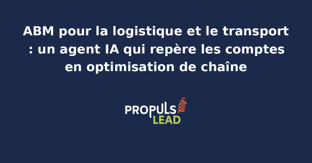 Entrepôt logistique avec convoyeurs et tableau de bord supply chain montrant un agent IA qui repère les comptes en optimisation de chaîne pour démarche ABM