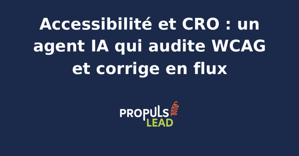 Interface d'un agent IA d'accessibilité affichant les écarts WCAG d'une page de vente avec contraste, navigation clavier et libellés corrigés en continu