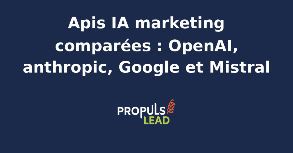 Comparatif visuel des APIs IA marketing : logos OpenAI, Anthropic, Google et Mistral sur fond de tableau de bord analytique.