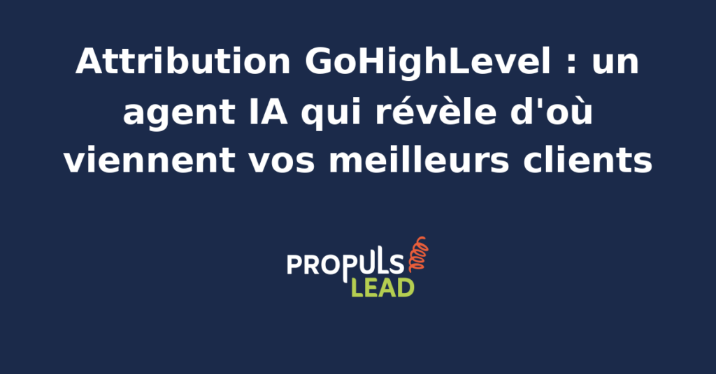 Interface GoHighLevel avec tableau de bord d'attribution automatisé par agent IA montrant les sources de trafic les plus performantes.