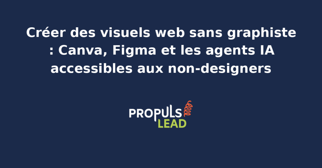 Écran d'ordinateur affichant Canva et Figma côte à côte avec une bibliothèque de visuels web pour site PME, et un agent IA design qui propose automatiquement des déclinaisons et vérifie la cohérence de marque