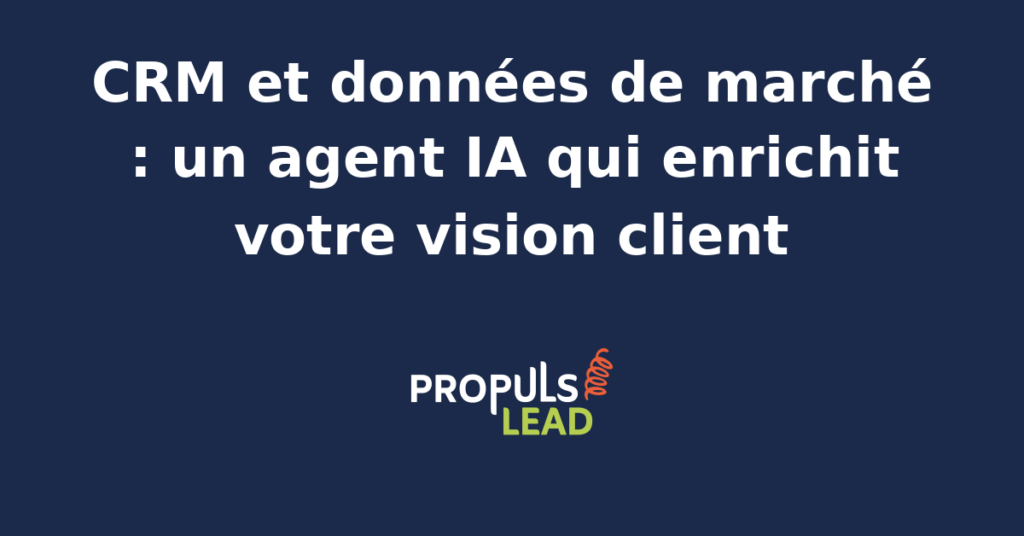 Interface d'un CRM moderne intégrant un agent IA pour l'enrichissement des données clients et de marché.