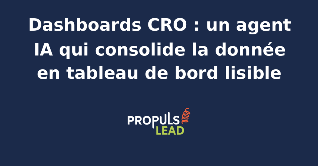 Tableau de bord CRO généré par un agent IA, affichant des indicateurs de performance en temps réel avec visualisations claires et alertes automatisées.