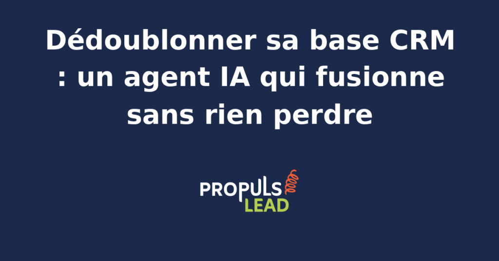 Interface d'un agent IA analysant et fusionnant des doublons dans une base CRM pour améliorer la qualité des données.