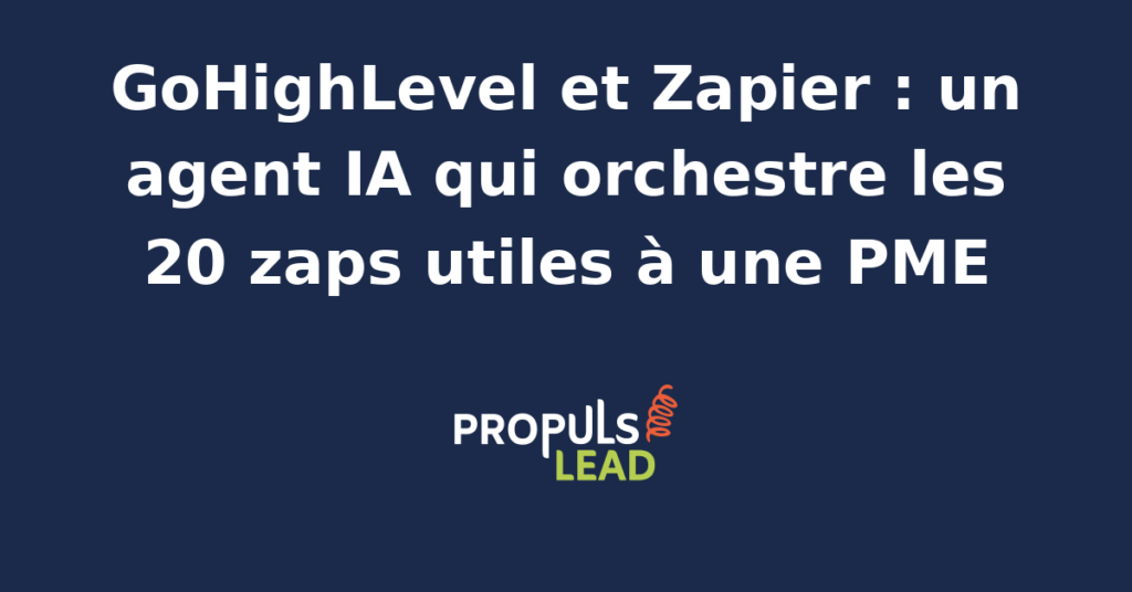 Interface GoHighLevel et Zapier connectées par un agent IA orchestrant des workflows automatisés pour une PME.