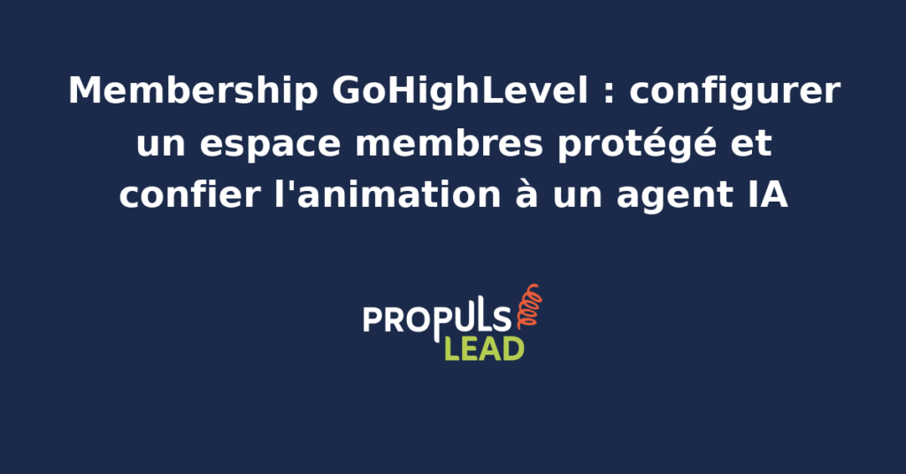 Schéma d'un espace membres protégé GoHighLevel avec accès payant configuré et agent IA dédié qui anime la communauté et relance les membres inactifs.