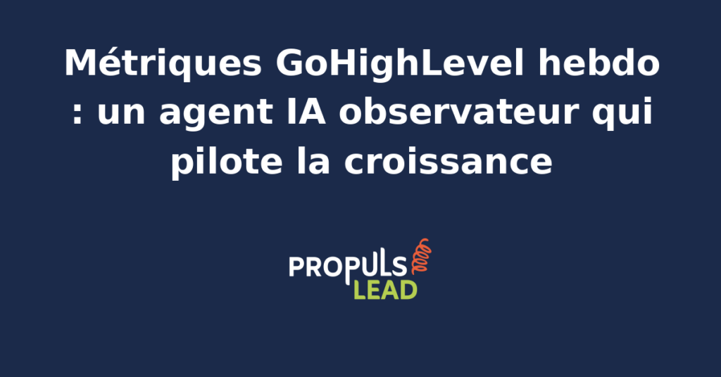Tableau de bord GoHighLevel avec agent IA analysant les métriques hebdomadaires pour piloter la croissance.