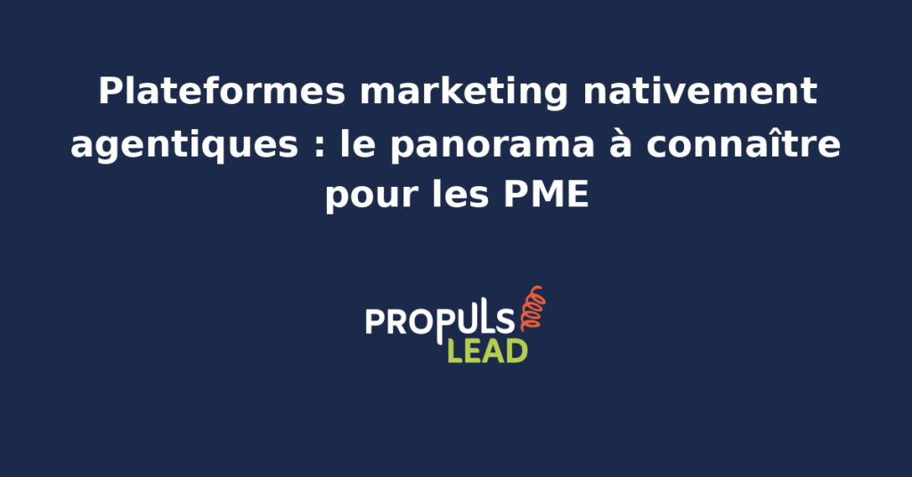 Interface d'une plateforme marketing agentique avec modules d'automatisation et agents IA intégrés pour les PME.