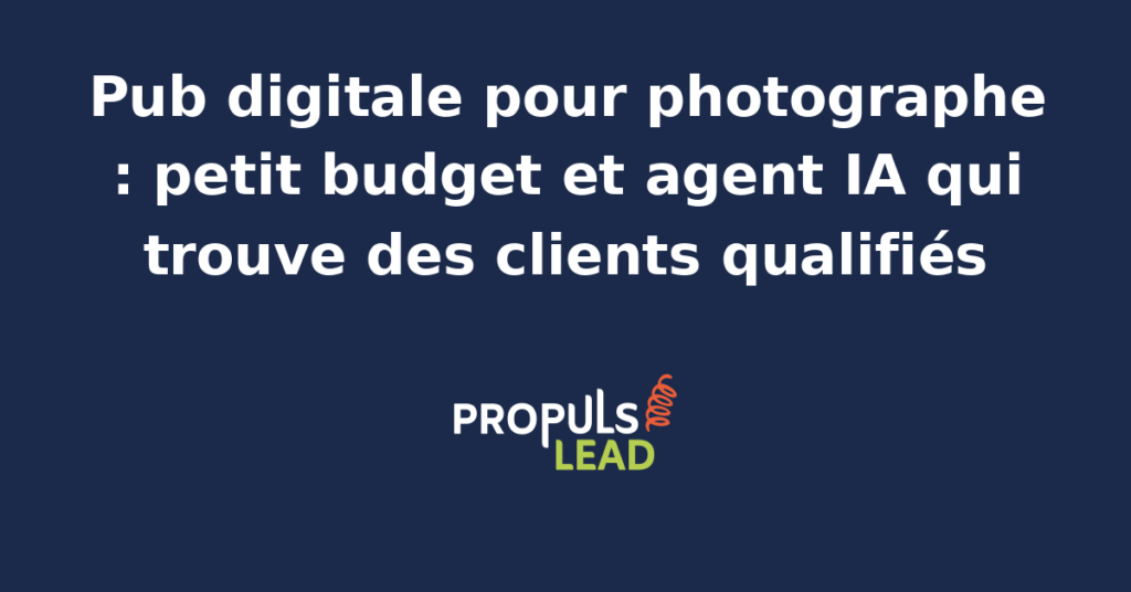 Photographe professionnel devant son écran avec un tableau de bord publicitaire Meta Ads piloté par un agent IA, calendrier de séances clients à droite
