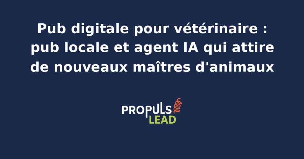 Cabinet vétérinaire moderne avec une praticienne consultant un tableau de bord de pub locale géolocalisée pilotée par un agent IA, salle d'attente avec animaux en arrière-plan