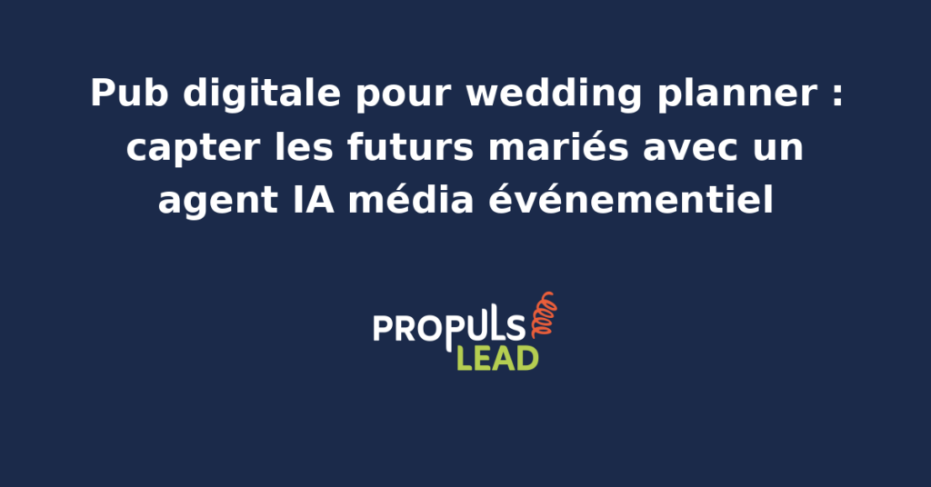 Wedding planner analysant des données de pub digitale sur un écran avec un agent IA média événementiel en arrière-plan.