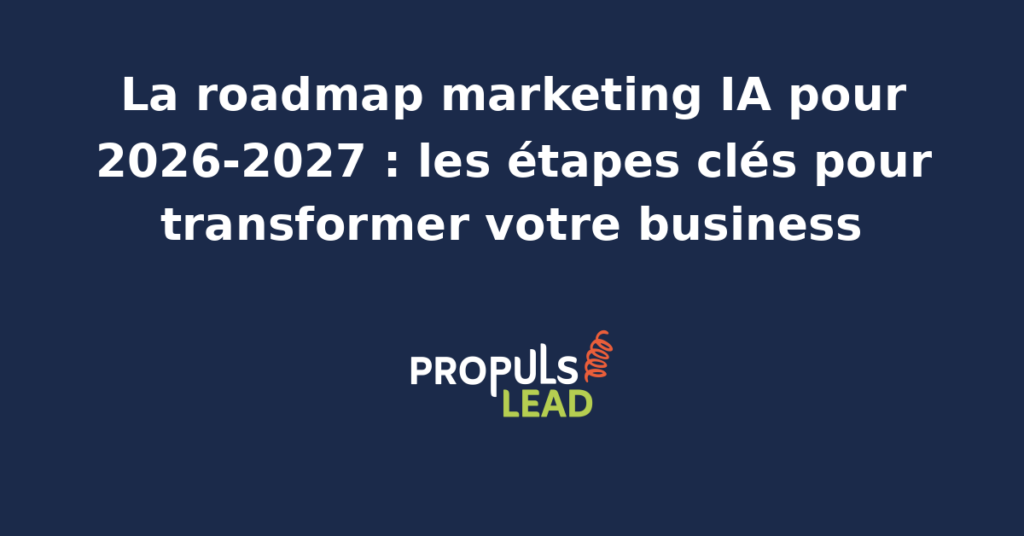 Équipe analysant une roadmap marketing IA sur un écran digital avec indicateurs de performance et calendrier 2026-2027.