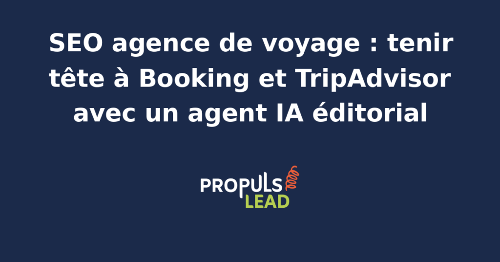 Conseillère voyage en agence devant un grand écran de planning de circuits, brochures de destinations sur le bureau et tableau de bord d'un agent IA éditorial dédié au contenu SEO de niche