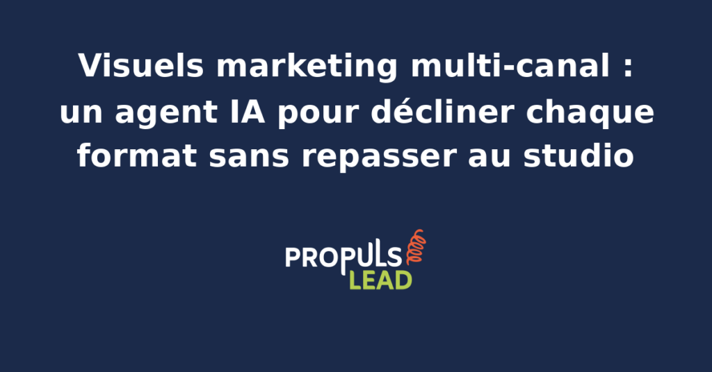 Schéma d'un agent IA qui décline un visuel marketing maître en tous les formats multi-canal d'une PME francophone, du post carré à la bannière publicitaire.