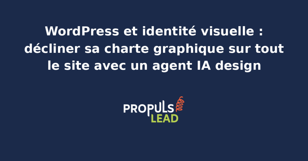Capture d'écran d'un site WordPress montrant l'application cohérente d'une charte graphique sur header pages produits et footer avec un agent IA design qui audite la cohérence chromatique typographique et iconographique