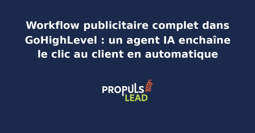 Schéma d'un workflow publicitaire complet dans GoHighLevel piloté par un agent IA, du clic publicitaire à la signature client en automatique.