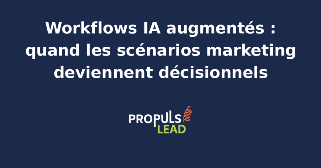 Schéma d'un workflow marketing augmenté par un agent IA qui décide du chemin à suivre selon le contexte, au lieu de suivre une règle fixe, dans une PME.