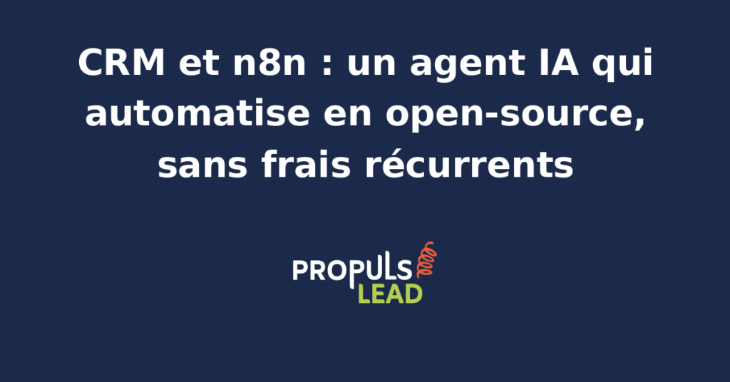 Interface n8n connectée à un CRM avec un agent IA en arrière-plan automatisant des tâches commerciales.