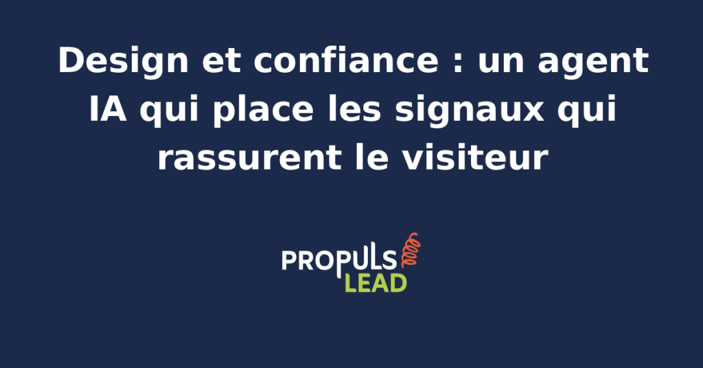 Interface de site web moderne avec badges de confiance, témoignages et éléments de design rassurants générés par un agent IA.