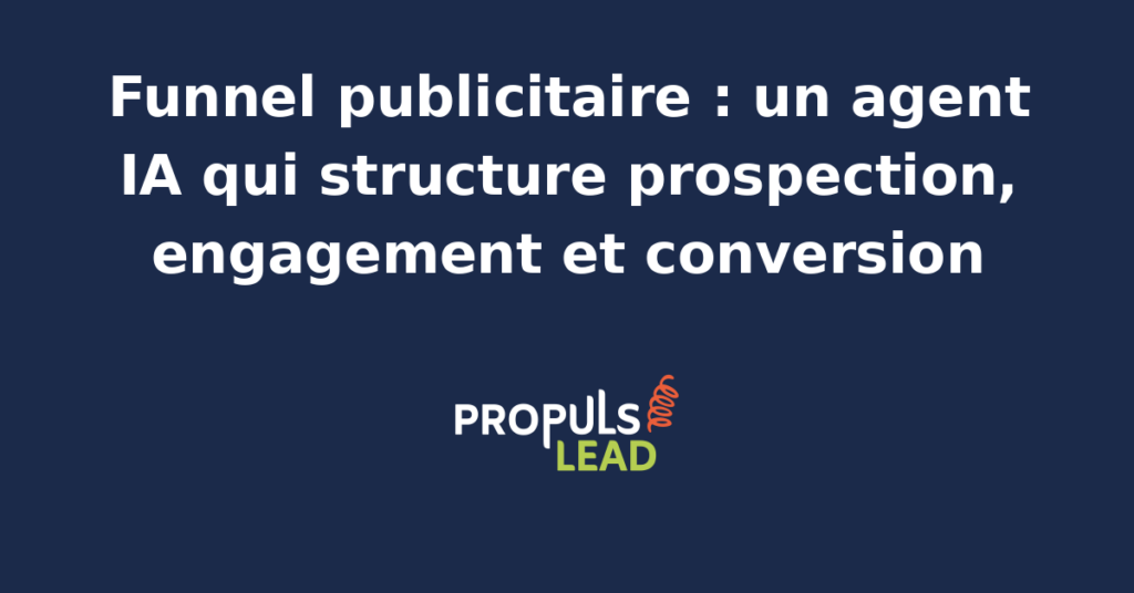 Schéma d'un funnel publicitaire optimisé par un agent IA pour la prospection, l'engagement et la conversion.