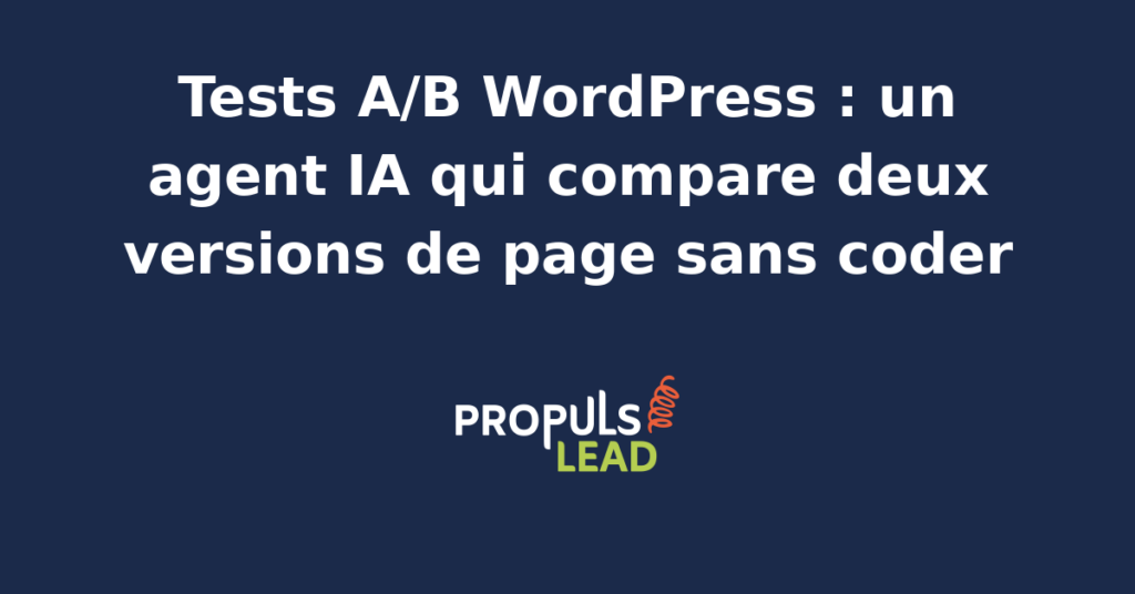 Interface WordPress montrant un tableau de bord de tests A/B automatisés par un agent IA, avec graphiques de performance et variations de page.